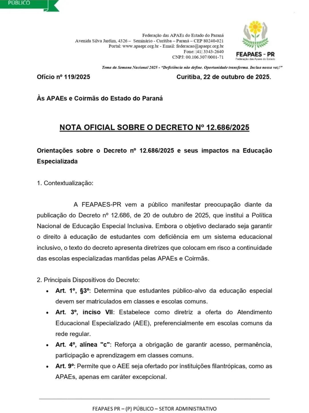 Ofício nº 119/2025 da FEAPAES-PR às APAEs do Paraná, manifestando preocupação com o Decreto 12.686/2025 e listando os principais dispositivos do decreto que colocam em risco as escolas especializadas.